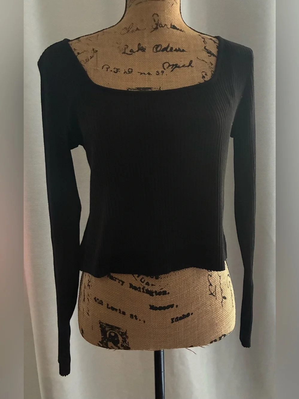H&M Black Ribbed Long Sleeve Square Neck Top